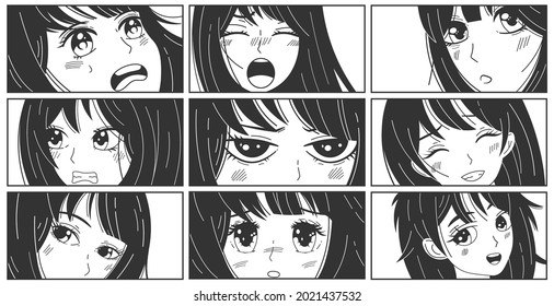 Manga Kawaii Expressions Asian Anime Girls Characters. Anime Cute Woman Comic Posters, Vector Illustration Set. Japanese Cartoon Manga Comic Book. Female Teenager With Various Feelings