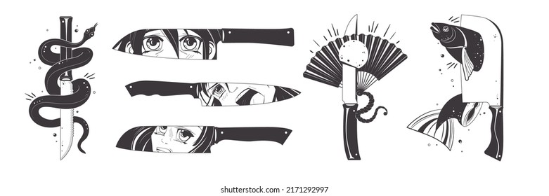 Manga knife and snake. Anime dagger. Asian sword and fan. Handle cut elements set. Chopped food. Eyes reflection in blade. Kawaii icons and shapes. Chef cutlery. Cartoon vector illustration