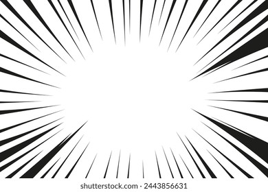 Manga line action effect radial rays, burst frame comic book motion black and white, monochrome style, anime super hero decoration, speed or explosion design.