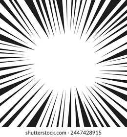 Efecto de acción de línea de manga radial rayos, cuadro de ráfaga cómic movimiento blanco y negro, estilo monocromo, decoración de superhéroes de anime, velocidad o diseño de explosión.