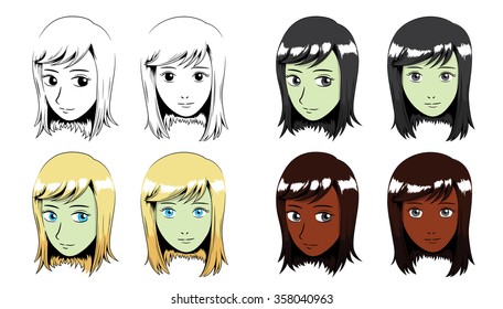 Manga Long Hair Girl Stroke Vector Illustration