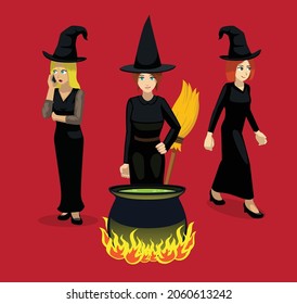 Manga Modern Witches Woman Cartoon Poses Cartoon Vector Illustration Set 2