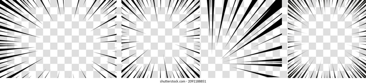 Manga motion radial lines. Anime action frame lines. Abstract explosive rectangle and square template with speed lines on transparent background. Flash explosion radial lines Vector illustration