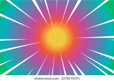 Manga neon anime action frame lines with halftones. Colored Pop art retro background with exploding rays of lightning comic style, vector illustration. Abstract explosive template with speed lines