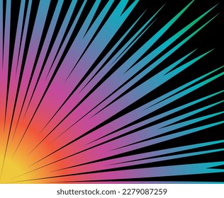 Manga neon anime action frame lines with halftones. Colored Pop art retro background with exploding rays of lightning comic style, vector illustration. Abstract explosive template with speed lines