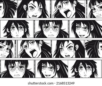 Manga pattern seamless. Comic anime japan girls, asian face drawing in cartoon style, kawaii woman black print. Monochrome texture. Portraits with different emotions. Vector graphic illustration