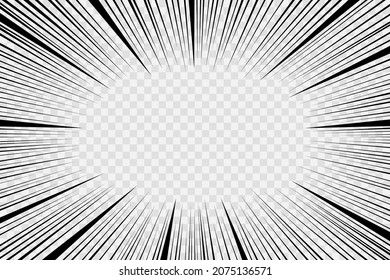 Manga radial lines. Comic speed effect. Anime motion zoom. Cartoon splash frame on transparent background. Crash bang banner. Superhero pattern with rays. Explosion bomb template. Vector illustration