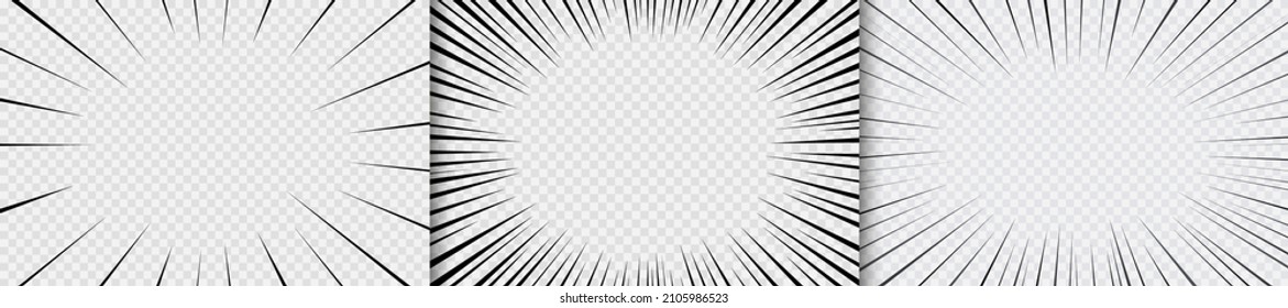 Manga radial lines. Comic Superhero banner with speed effect rays. Cartoon splash frame on transparent background. Set of anime motion zooms. Crash explosion bang pattern. Vector illustration