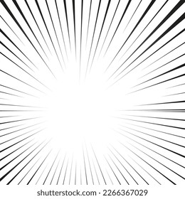 Manga radial speed lines for comic effect. Motion and force focus flash strip lines for anime comic book. Vector square background illustration of black ray manga speed frame or splash and explosion.