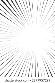 Líneas de velocidad radial de manga para efecto cómico. Líneas de tira de flash de movimiento y acción de fuerza para historietas de anime. Ilustración de fondo vectorial del marco de velocidad del manga de color negro o salpicadura y explosión.