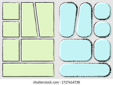 manga set storyboard layout template for rapidly create the comic book style. Colorful A4 design of paper ratio is fit for print out. Vector isolated frame handmade sketch style 