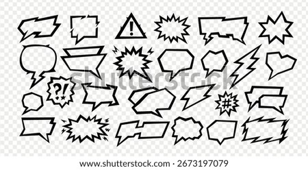 A manga speech balloon shows a comic text inside a talk box with a sharp frame vector outline. Manga speech collection includes cartoon bubbles, dialog elements and chat icons for background use.