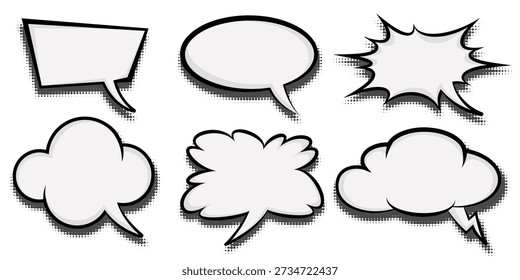 Burbujas de discurso de manga para cómics. Marco de cuadro de anime para texto con efecto de semitono. Nubes de explosión de Vector de dibujos animados para diálogos y mensajes.