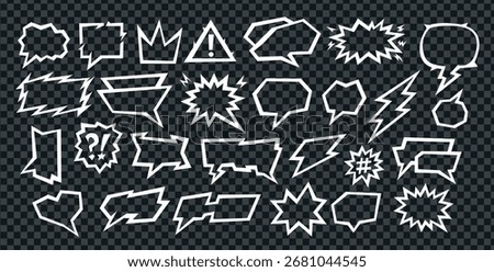A manga speech comic style places text in a talk box balloon with bold frame lines. Manga speech vector set features outline chat bubbles, cartoon dialog shapes and elements for simple bg design.