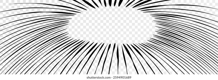 Manga speed lines, anime comics motion effect on transparent background. Manga explosion, fast speed lines, vector, png.