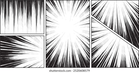 Vetor de fundo de linhas de velocidade de mangá, estouro radial de quadro de anime, design de super-herói textura de quadrinhos, linhas de flash de explosão abstratas, quadro de linhas de velocidade de mangá vetorial, fundo transparente.