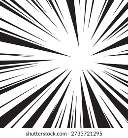 Vector de fondo de líneas de velocidad de manga para Action Comic Design, una Ilustración vectorial de alto impacto con líneas de velocidad de manga clásicas en un patrón de "zoom" radial. Este gráfico minimalista en blanco y negro crea una poderosa sensación de movimiento y energía, lo que lo convierte en el elemento de fondo perfecto para paneles de cómics, escenas de acción de estilo anime, publicidad dinámica y Diseño gráfico temático de superhéroes.