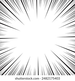 Manga speed lines, comic anime radial effect background. Manga explosion, motion or movement action for comic book, burst flash rays frame for superhero bang effect backdrop.