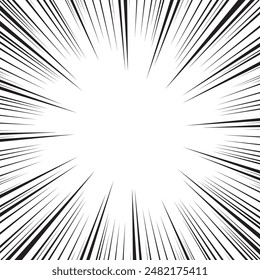 Manga speed lines, comic anime radial effect background. Manga explosion, motion or movement action for comic book, burst flash rays frame for superhero bang effect backdrop.