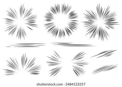 Manga speed lines effect. Vector comic motion elements. Action graphic flash burst and explosive boom isolated on white background. Abstract graphic illustration