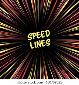 Manga Speed Lines Vector. Layout For Comic Books. Banner With Radial Colored Effect Illustration. Starburst Explosion In Manga Or Pop Art Style.