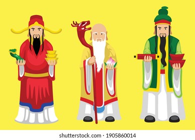 Manga Style Chinese Diety Sanxing Fu Lu Shou Cartoon Character