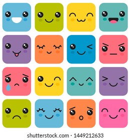 Manga style eyes and mouths. Kawaii cute colorful faces