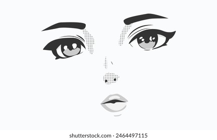 Manga style face. Cute anime girl eyes. Black and white manga cartoon character, animation art style on white background. Print for covers, t-shirts, notebooks, wallpapers.Vector illustration EPS 10