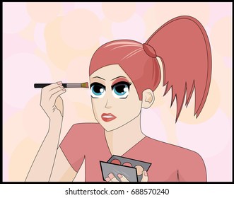 Manga style female Character Makeup Artist applying eye shadow on a abstract background