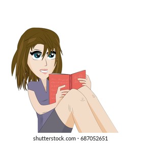 Manga style female character sitting reading