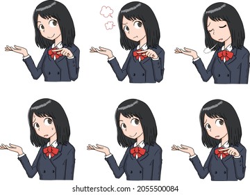 Manga style female student pose expression set