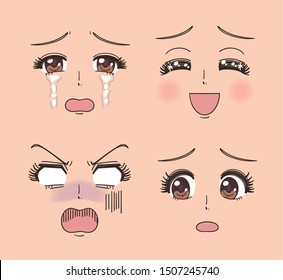 Manga style girl's face has various expressions