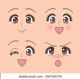 Manga style girl's face has various expressions