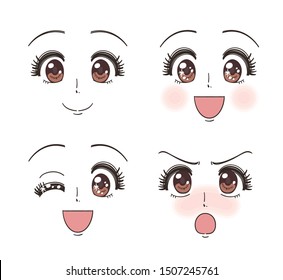 Manga style girl's face has various expressions