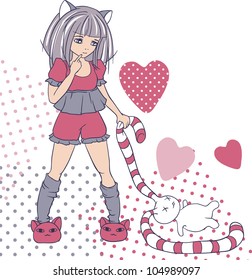 Manga style girls with toy. Vector background.