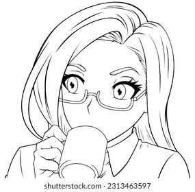 Manga style illustration of cute girl drinking tea or coffee from a mug.