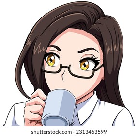 Manga style illustration of cute girl drinking tea or coffee from a mug.
