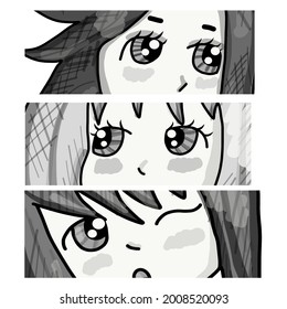 Manga style. Japanese cartoon Comic concept. Anime characters. Vector design for t-shirt graphics, banner, fashion prints. Ink drawing eyes manga illustration anime print design