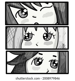 Manga style. Japanese cartoon Comic concept. Anime characters. Vector design for t-shirt graphics, banner, fashion prints. Ink drawing eyes manga illustration anime print design