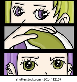 Manga style. Japanese cartoon Comic concept. Anime characters. Hand drawn trendy Vector illustration. Pre-made prints.