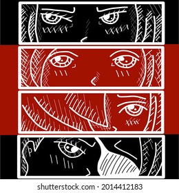 Manga style. Japanese cartoon Comic concept. Anime characters. Hand drawn trendy Vector illustration. Pre-made prints.