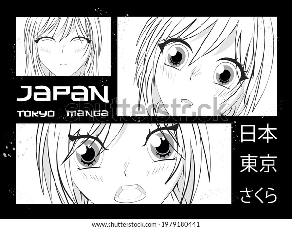 Manga style. Japanese\
cartoon Comic concept. Anime characters. Japanese slogan\
Translation Japan manga.