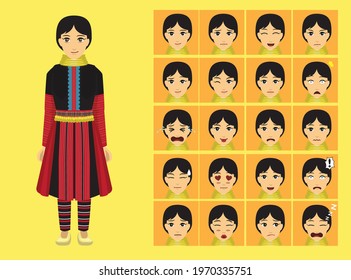 Manga Style Myanmar Hmong Woman Clothes Cartoon Character Emotion