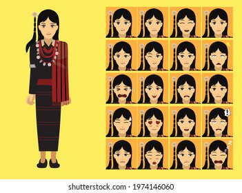 Manga Style Myanmar Naga Woman Clothes Cartoon Character Emotion