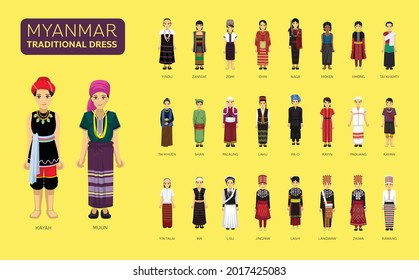 Manga Style Myanmar Traditional Dress Woman Clothes Cartoon Character Set