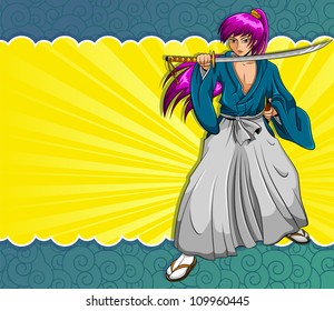 manga style samurai on a colorful background. elements are grouped and layered separately for easy editing (jpeg version available in my portfolio)