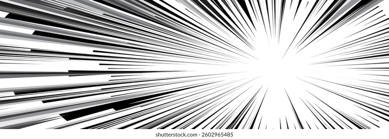 Manga style speed effect with black lines on white bg offset from center to right. Comic book explosion. Anime fast forward. Radial explosion