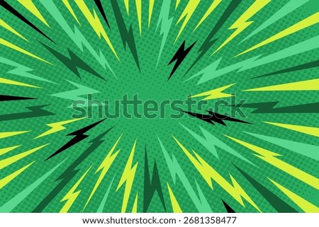 Manga thunder background forms anime comic line burst with radial perspective on green pop art texture. Manga thunder bg vector suits lightning effect, speed action frame, or abstract cartoon design.