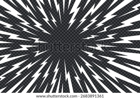 Manga thunder background forms anime comic line rays bursting in radial motion with empty space. Manga thunder bg vector art works for lightning effect, speed frame, or abstract pop burst design.