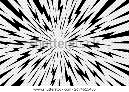 Manga thunder background frames anime comic line spikes radiating in radial perspective with transparent bg. Manga thunder vector art works for motion effect, abstract shock burst, or pop action frame